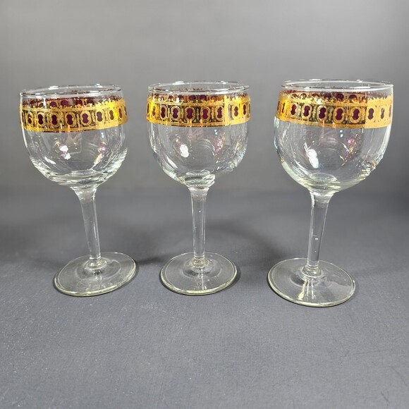 Vtg Set of 3 Midcentury 1950s 22k Gold Ruby Red Regency Culver Wine Glass Set - Picture 1 of 8
